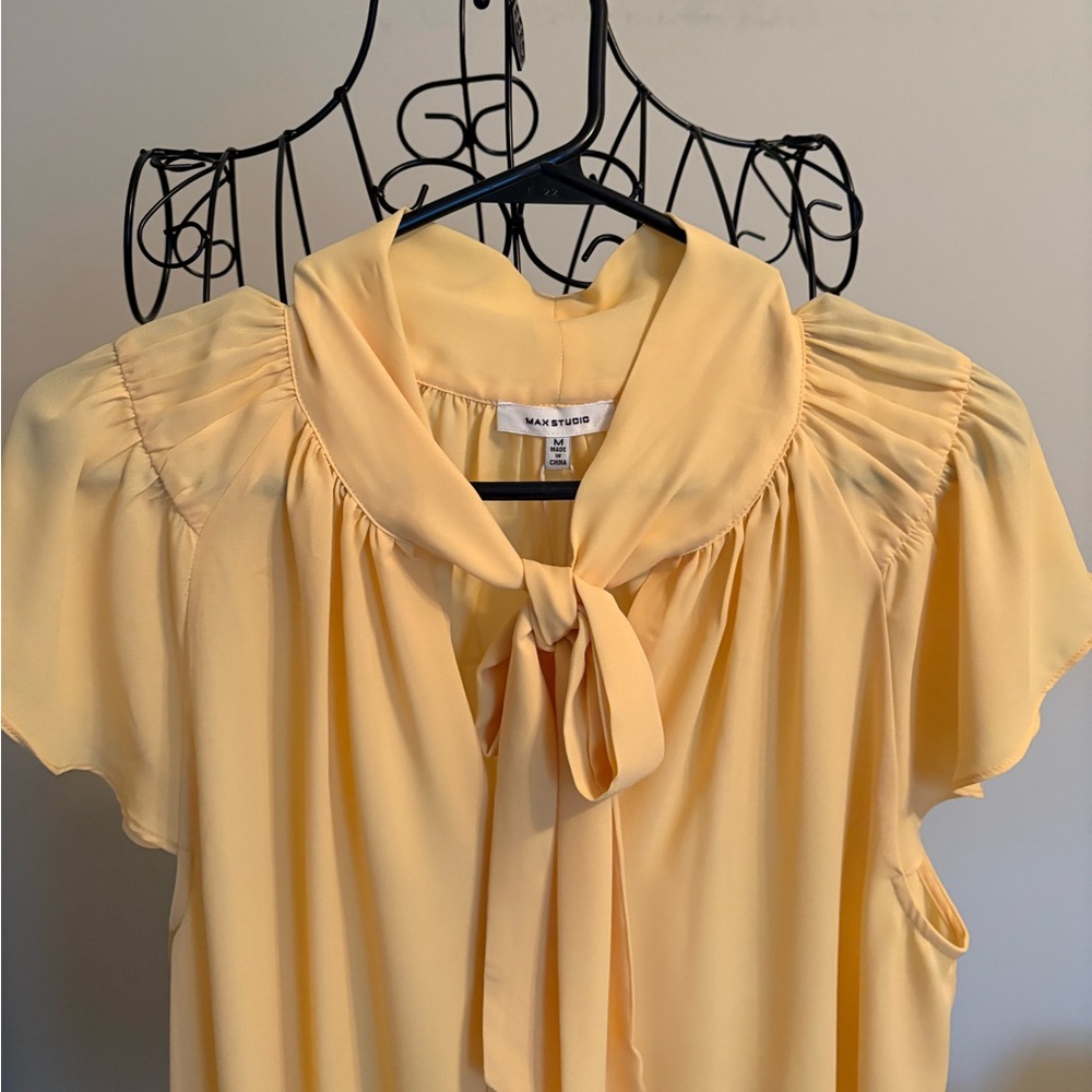 MAX STUDIO Yellow Tie-Neck Flutter Sleeve Blouse - Picture 2 of 3